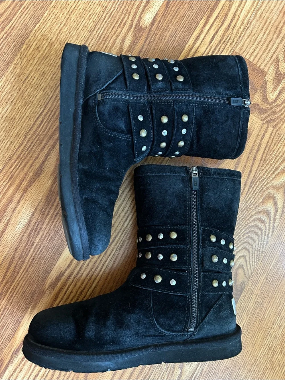 UGG black suede, shearling fur, studded, mid-calf boots